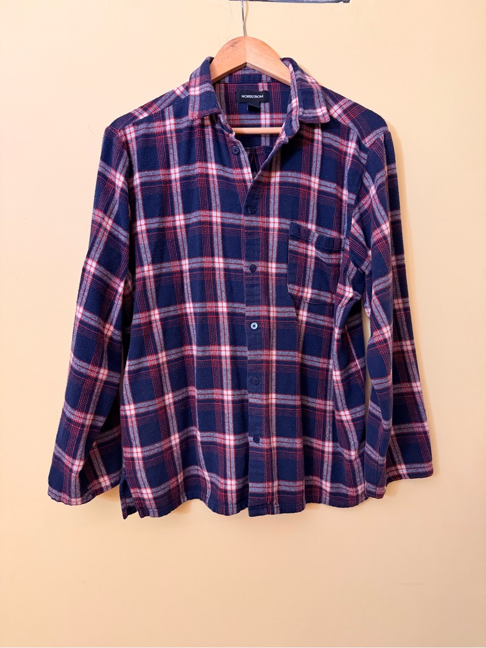 Nordstrom 100% Cotton Plaid Flannel Button Down Shirt Navy Red Large